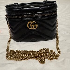 Gucci Black Chevron Leather Crossbody with Gold Chain